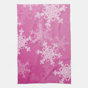 Girly pink and white Christmas snowflakes Kitchen Towel