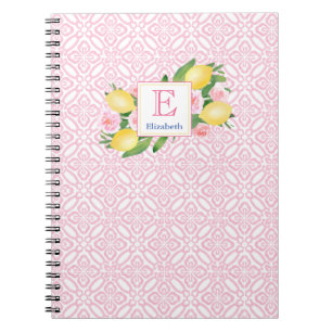 Girly Pink And White Citrus Lemons Monogrammed  Notebook