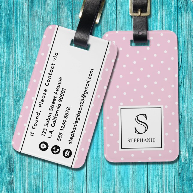 Girly Pink and White Polka Dot Pattern Monogram Luggage Tag (Creator Uploaded)