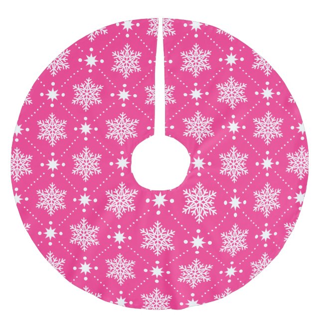 Girly Pink and White Snowflakes Christmas Pattern Brushed Polyester Tree Skirt (Front)