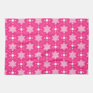 Girly Pink and White Snowflakes Christmas Pattern Kitchen Towel