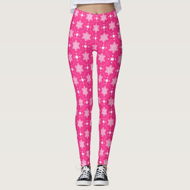 Girly Pink and White Snowflakes Christmas Pattern Leggings (Front)