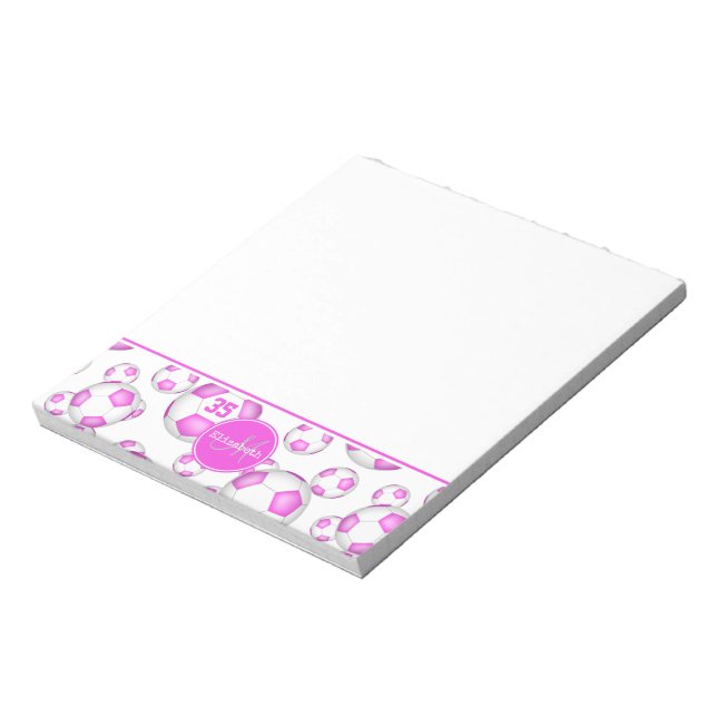 girly pink and white soccer balls personalized notepad (Rotated)