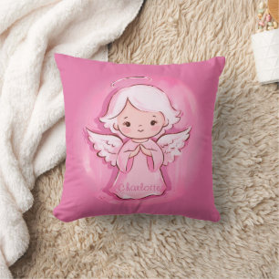 Girly Pink Angel With Name   Kids Throw Pillow
