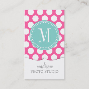 Girly Pink & Aqua Big Polka Dots Monogrammed Business Card