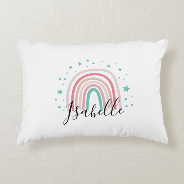 Girly pink aqua rainbow script personalized modern accent pillow (Front)