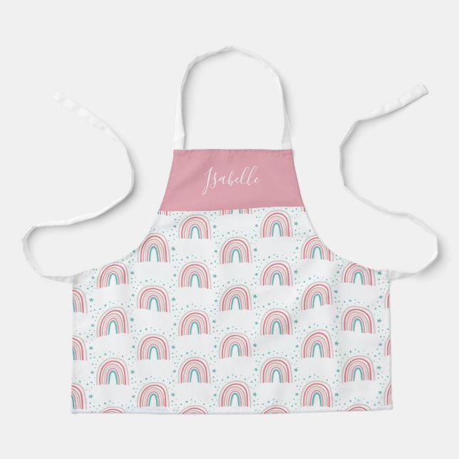 Girly pink aqua rainbow script personalized modern apron (Front)