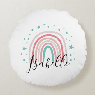Girly pink aqua rainbow script personalized modern round pillow