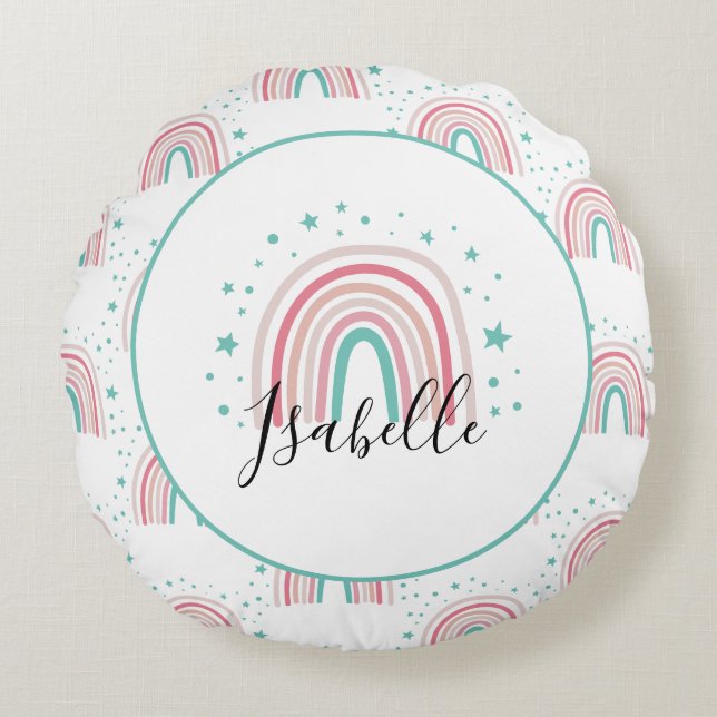 Girly pink aqua rainbow script personalized modern round pillow (Front)