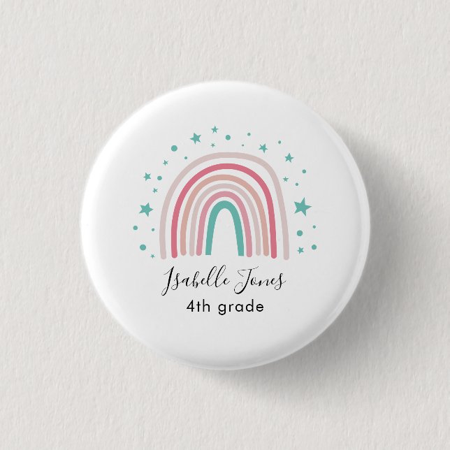 Girly pink aqua rainbow script personalized school 1 inch round button (Front)