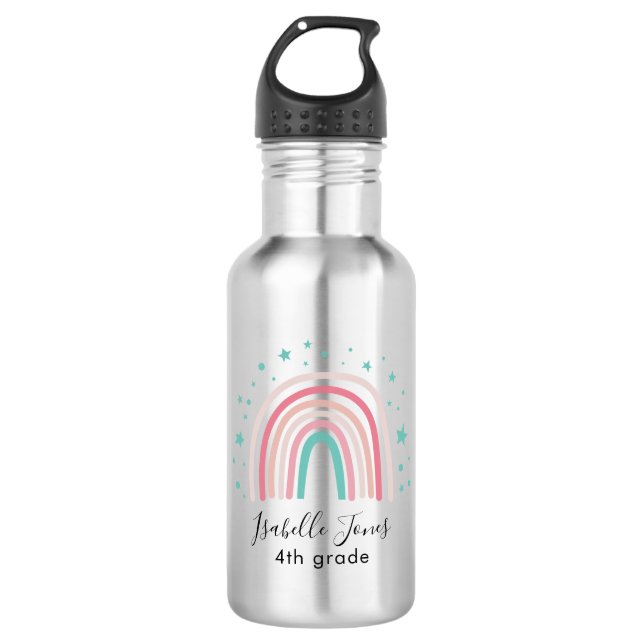 Girly pink aqua rainbow script personalized school 532 ml water bottle (Front)