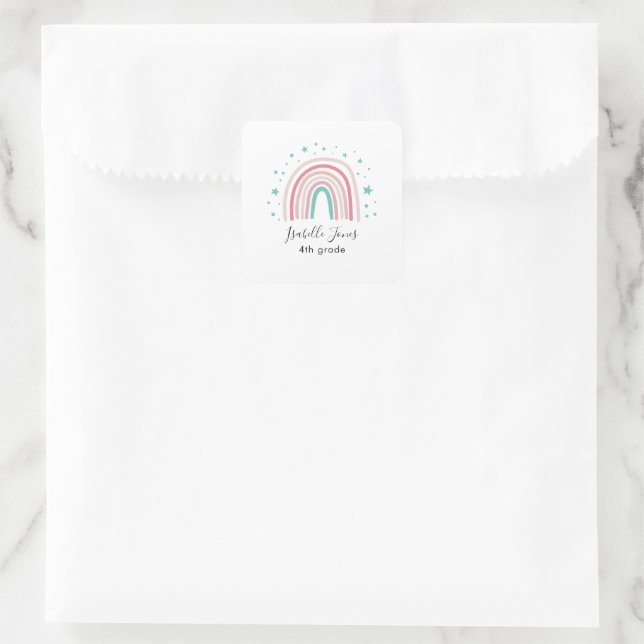 Girly pink aqua rainbow script personalized school square sticker (Bag)