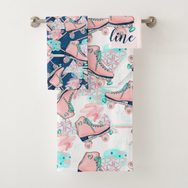 Girly Pink Aqua Roller Skates Personalized Bath Towel Set (Insitu)