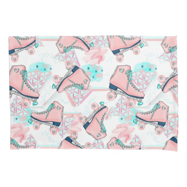 Girly Pink Aqua Roller Skates Personalized Pillowcase (Front)