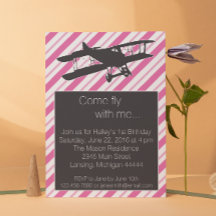 Girly Pink Avion Vintage Invitation d'anniversaire