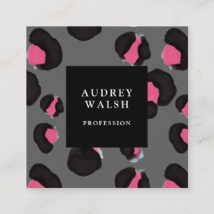Girly Pink Back Dark Grey Leopard print Square Business Card