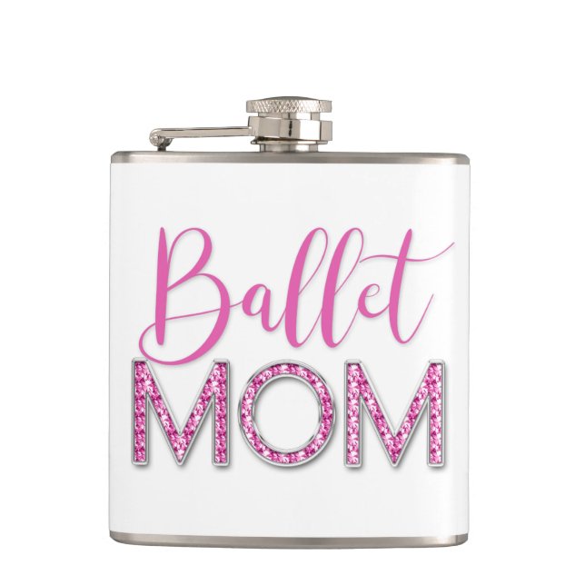 Girly Pink Ballet Mom Sparkle Diamond Hip Flask (Front)