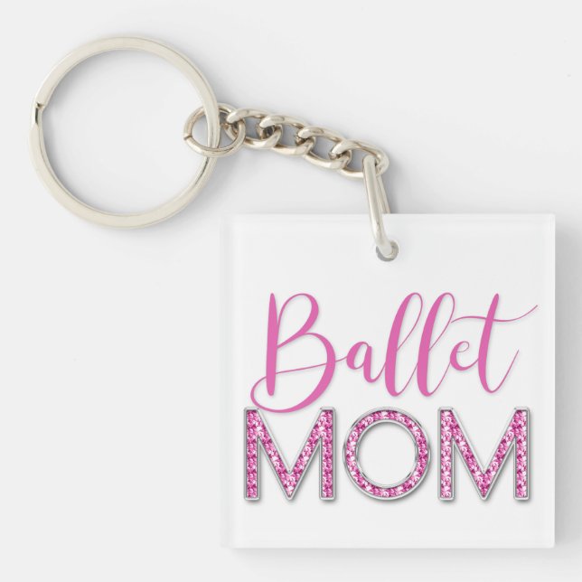 Girly Pink Ballet Mom Sparkle Diamond Photo Keychain (Front)