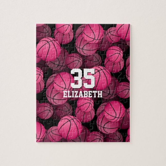 Girly pink basketballs pattern personalized jigsaw puzzle (Vertical)