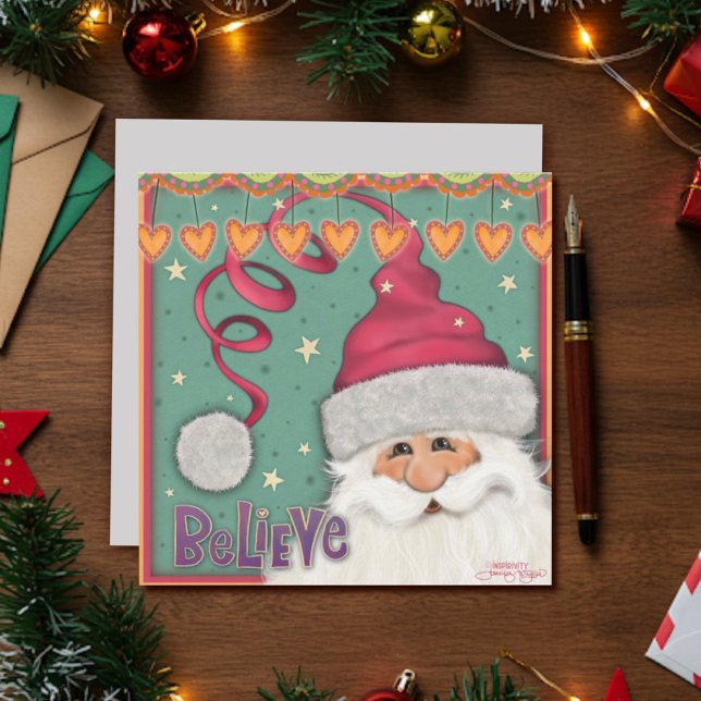 Girly Pink Believe Santa Christmas Holiday Card (Creator Uploaded)