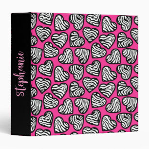 Girly pink black and white zebra hearts with name  binder
