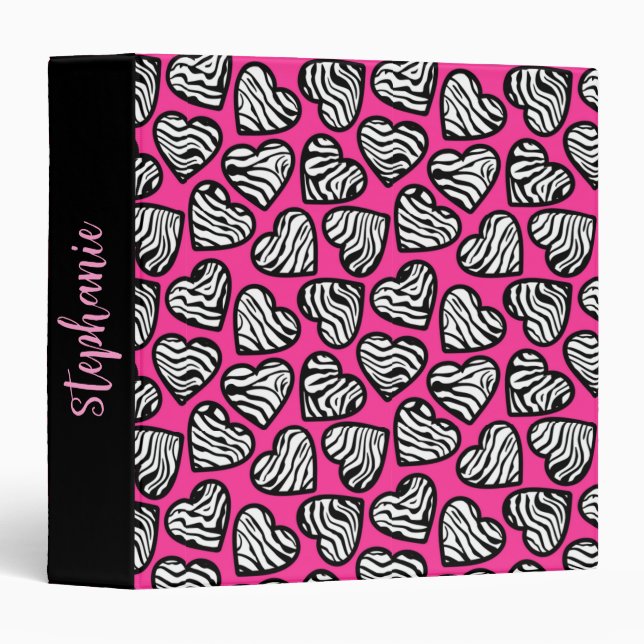 Girly pink black and white zebra hearts with name  binder (Front/Spine)