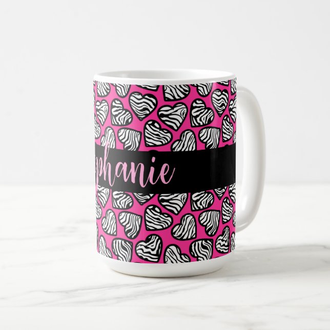 Girly pink black and white zebra hearts with name  coffee mug (Front Right)