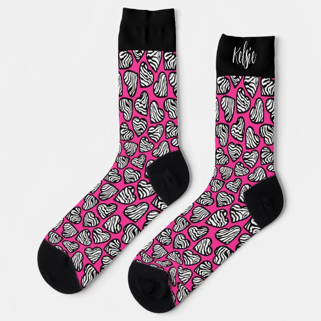 Girly pink black and white zebra hearts with name  socks (Left)