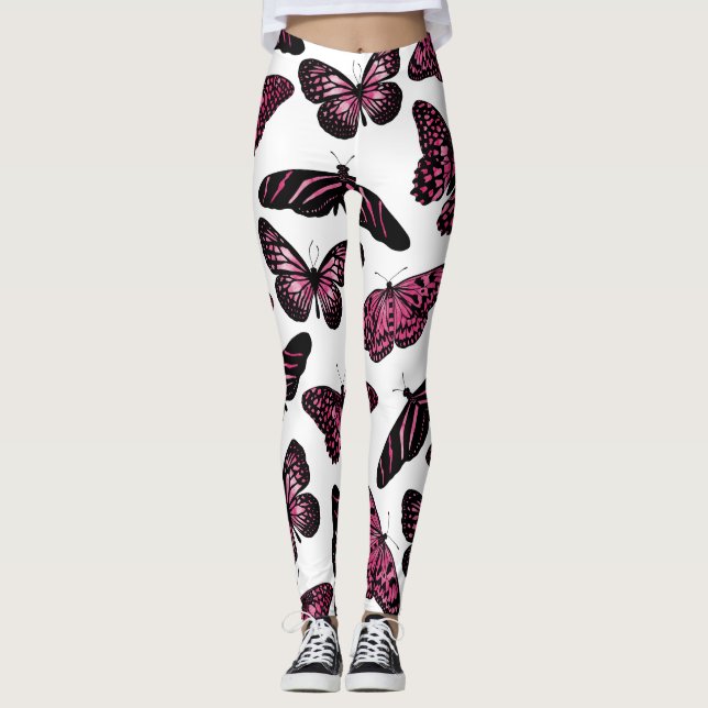 Girly Pink Black Butterflies Watercolor Pattern Leggings (Front)