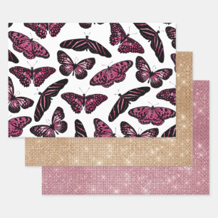 Girly Pink Black Butterflies Watercolor Pattern Wrapping Paper Sheet