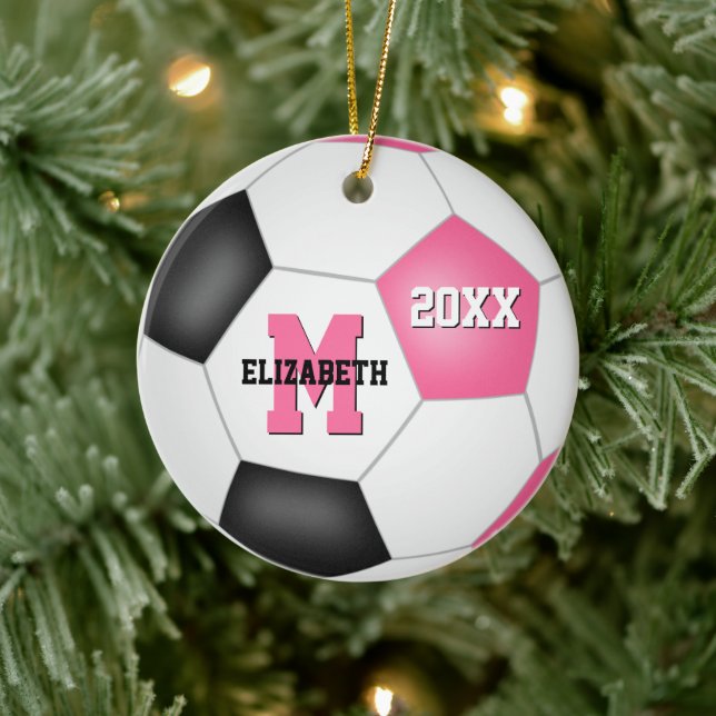girly pink black cute keepsake soccer ceramic ornament (Tree)