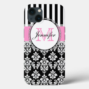Girly Pink Black Damask Striped Monogrammed iPhone 13 Case
