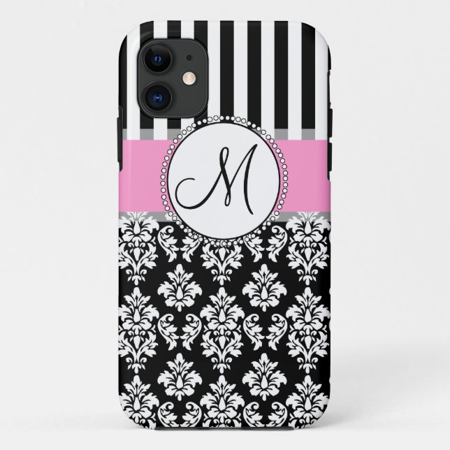 Girly, Pink, Black Damask Your Monogram Initial Case-Mate iPhone Case (Back)