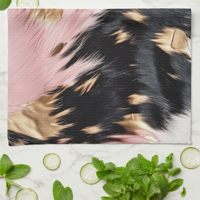 Girly Pink Black Gold Cowgirl Cowhide Kitchen Towel (Folded)