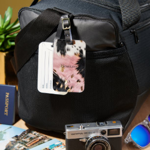 Girly Pink Black Gold Cowgirl Cowhide Luggage Tag