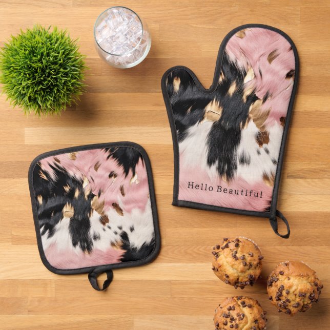 Girly Pink Black Gold Cowgirl Cowhide  Oven Mitt & Pot Holder Set (Top Down)