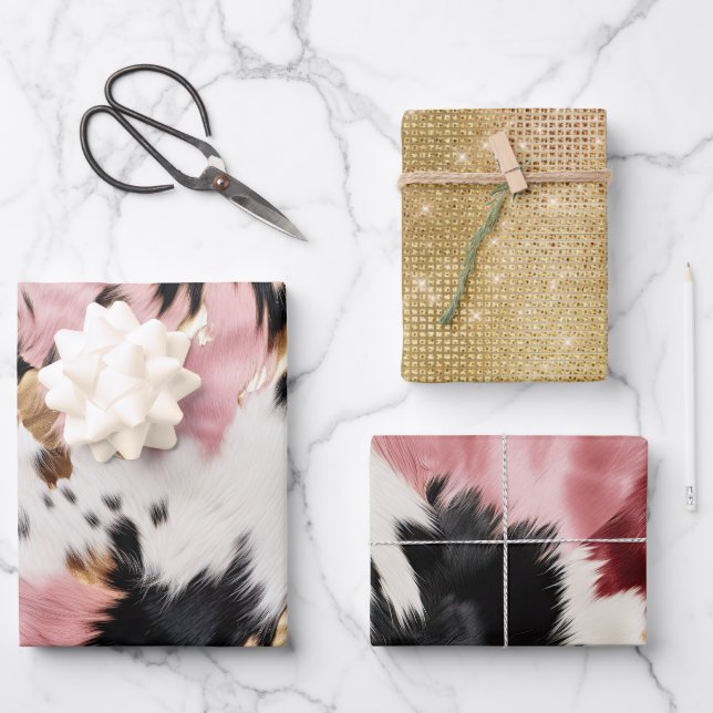 Girly Pink Black Gold Cowgirl Cowhide Wrapping Pap Wrapping Paper Sheet (Front)