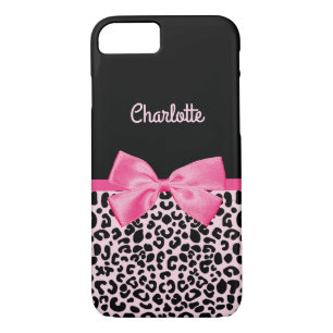 Girly Pink Black Leopard Print Cute Bow and Name Case-Mate iPhone Case