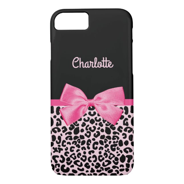 Girly Pink Black Leopard Print Cute Bow and Name Case-Mate iPhone Case (Back)