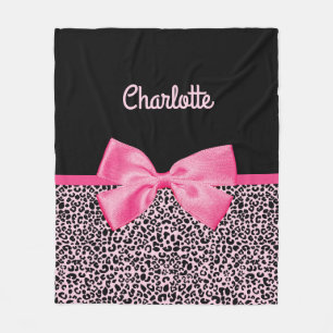 Girly Pink Black Leopard Print Cute Bow and Name Fleece Blanket