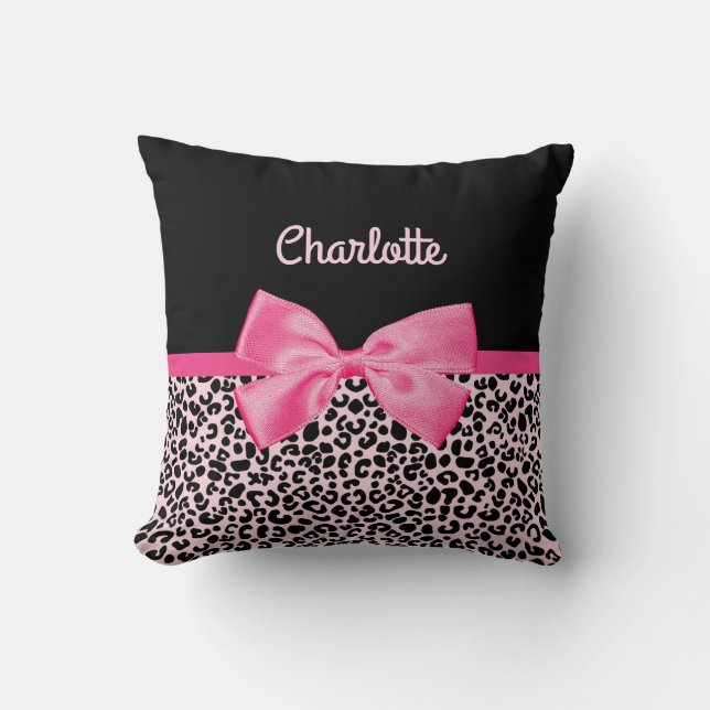Girly Pink Black Leopard Print Cute Bow and Name Throw Pillow (Front)