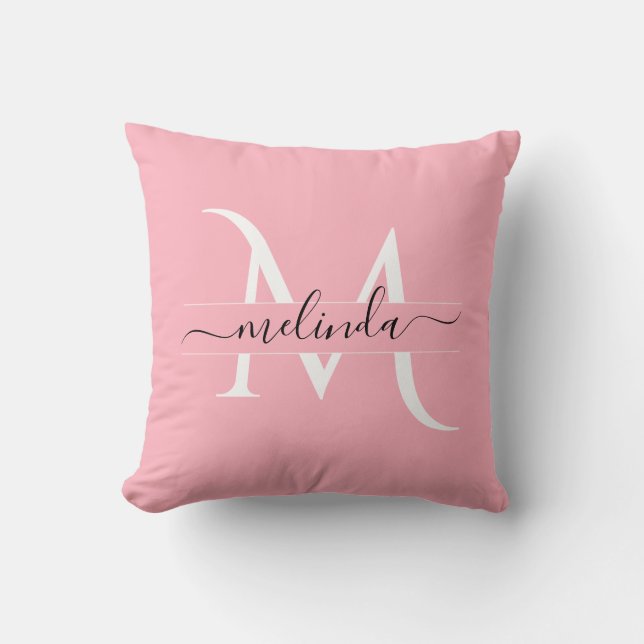 Girly  Pink Black Monogram Calligraphy Name Throw Pillow (Front)