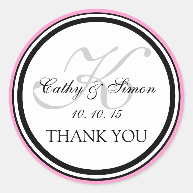Girly Pink Black Monogram K Wedding Thank You Classic Round Sticker (Front)