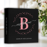 Girly Pink Black Name Monogram Beauty Salon Binder<br><div class="desc">Girly, elegant, modern, trendy, pink and black, white monogram initial name script custom personalized monogrammed makeup artist, beauty salon business 3 ring binder. Featuring a monogram initial and a girly name script in a hand lettered calligraphy swash tail font and dotted circle frame around your monogram. Perfect feminine gift for...</div>