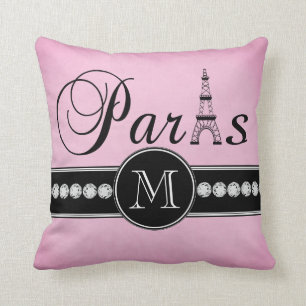 Girly Pink Black Paris Monogrammed Throw Pillow