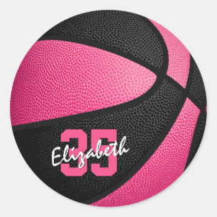 girly pink black personalized basketball classic round sticker