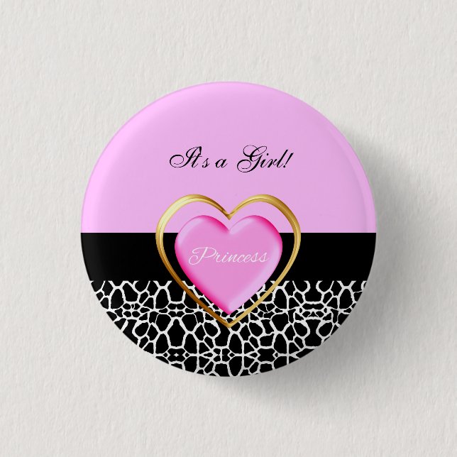 Girly Pink Black Princess Giraffe Print and Name 1 Inch Round Button (Front)