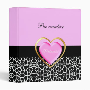 Girly Pink Black Princess Giraffe Print and Name Binder