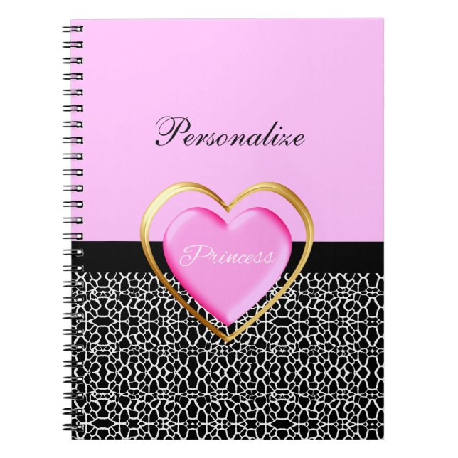 Girly Pink Black Princess Giraffe Print and Name Notebook (Front)