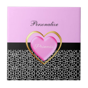 Girly Pink Black Princess Giraffe Print and Name Tile